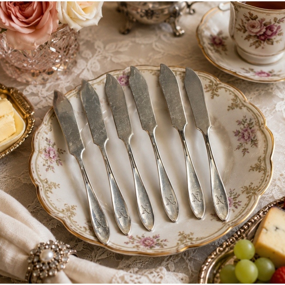 Vintage 1914 Oneida Patrician Silverplate Butter Spreaders Monogram N Set of 6